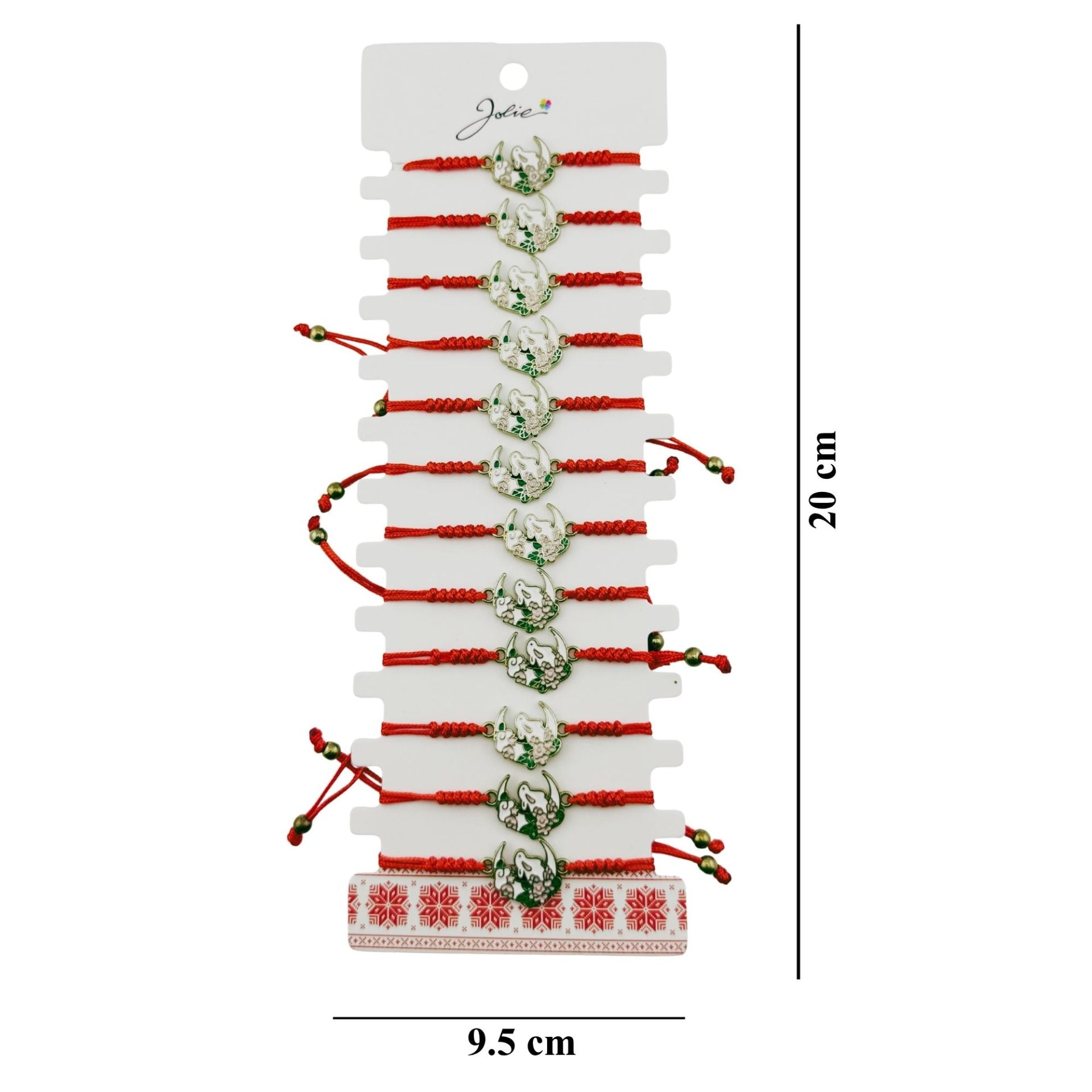 Martisor Bratara pentru Dama si Copii, Model Iepuras pe Semiluna cu Flori, Set 12 bucati, Pandantiv Emailat, Snur Reglabil, Rosu/Multicolor
