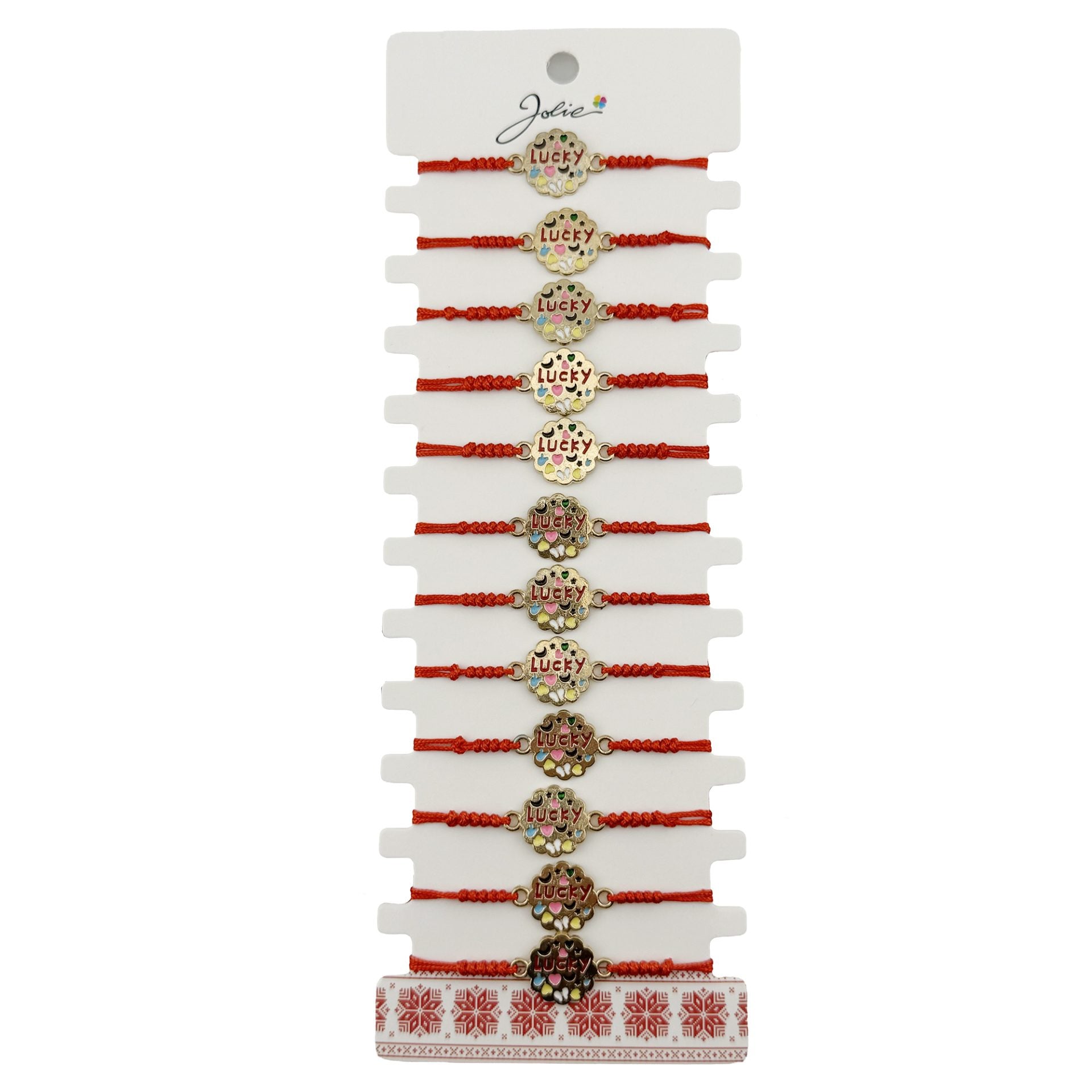 Bratara Martisor pentru Dama, Model Lucky, Set 12 bucati, Pandativ din Inox Auriu, Snur Ajustabil Impletit, Rosu