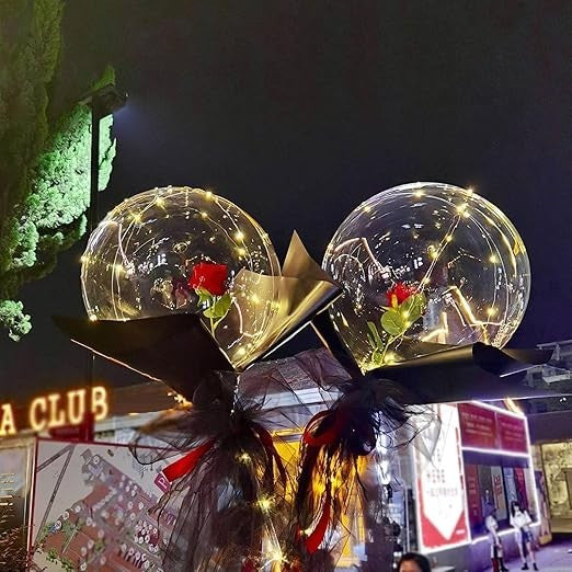 Set Buchet Decorativ, Flippy, Trandafir in Balon cu Lumini Led, Diametru 35 cm, 2 x Baterii AA (neincluse), Rosu/Negru
