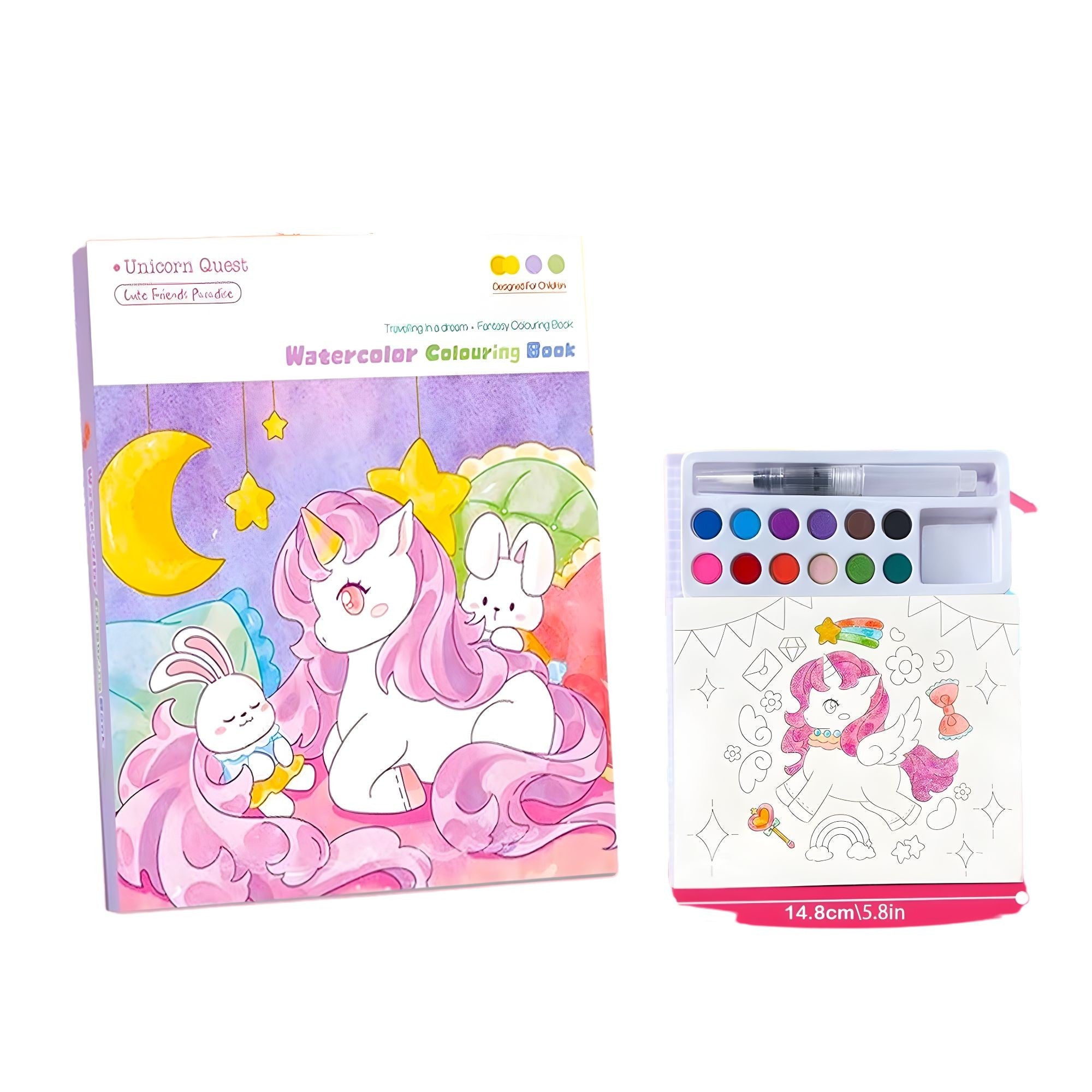 Carte de Colorat cu Acuarela, Flippy, Model Unicorn, 20 Foi de Carton 200 gr, 12 Culori, 1 Pensula, 15.7 x 18.8 x 1.8 cm, Mov