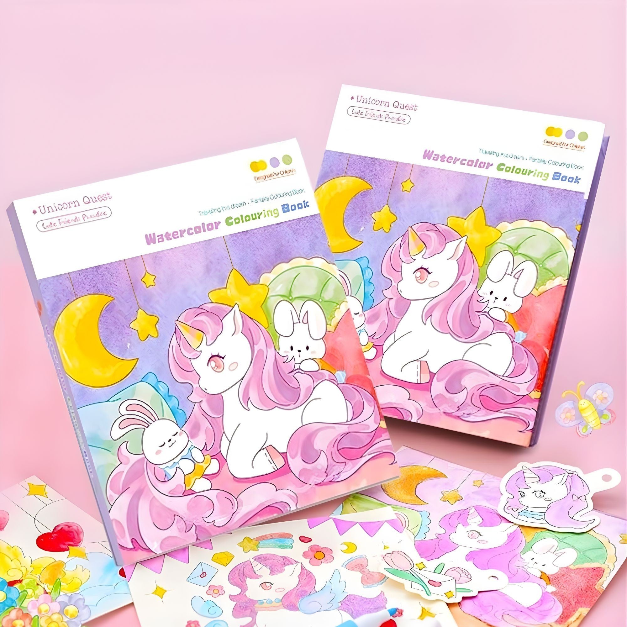 Carte de Colorat cu Acuarela, Flippy, Model Unicorn, 20 Foi de Carton 200 gr, 12 Culori, 1 Pensula, 15.7 x 18.8 x 1.8 cm, Mov