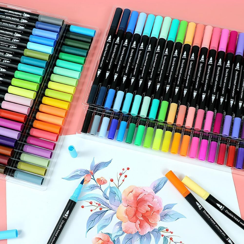Set Carioci pe Baza de Apa, Flippy, 2 in 1, pentru Pictura, Caligrafie, 60 Culori, Penar Negru, Corp Carioca Negru, 26.5 x 17.5 x 4.5 cm, Multicolor