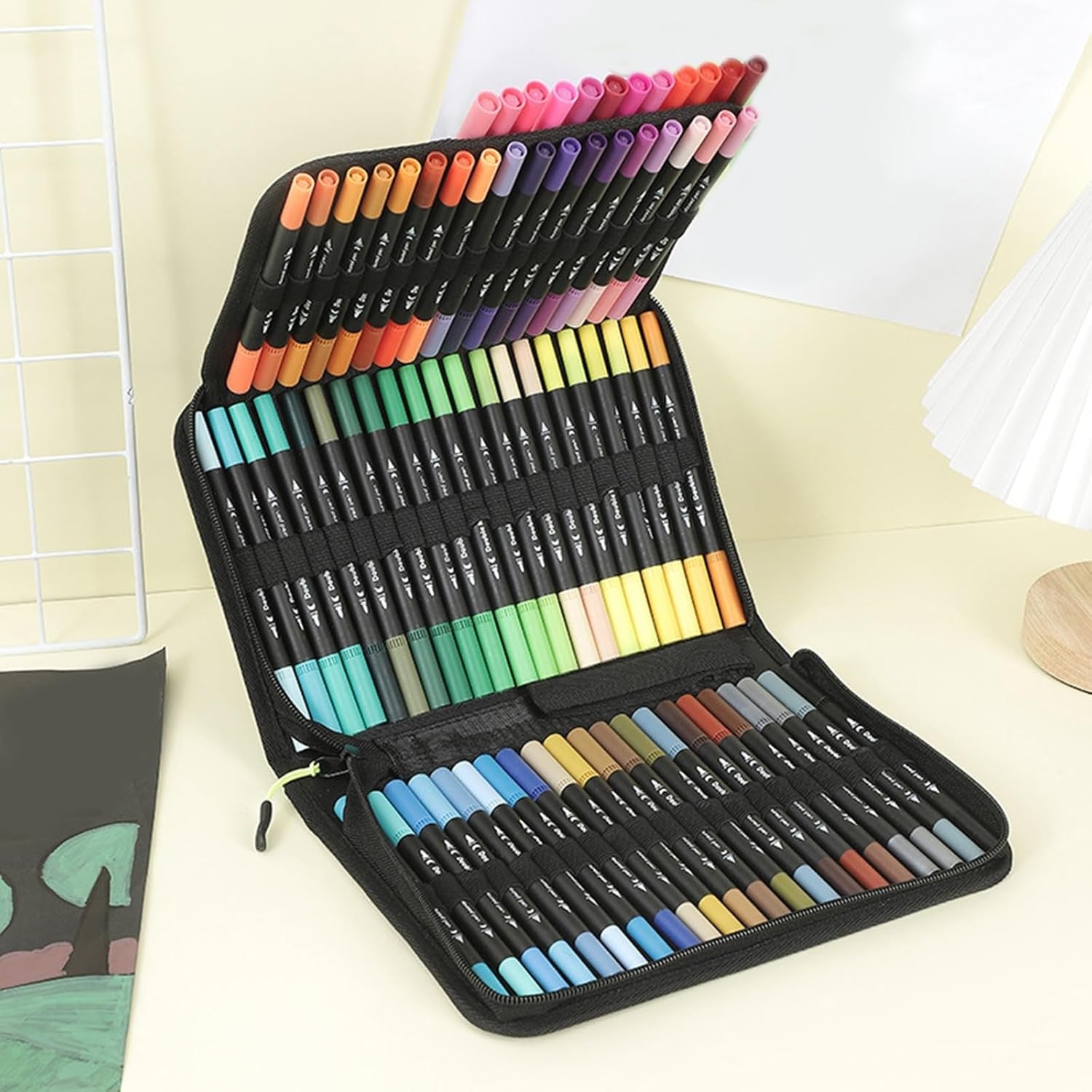 Set Carioci pe Baza de Apa, Flippy, 2 in 1, pentru Pictura, Caligrafie, 60 Culori, Penar Negru, Corp Carioca Negru, 26.5 x 17.5 x 4.5 cm, Multicolor