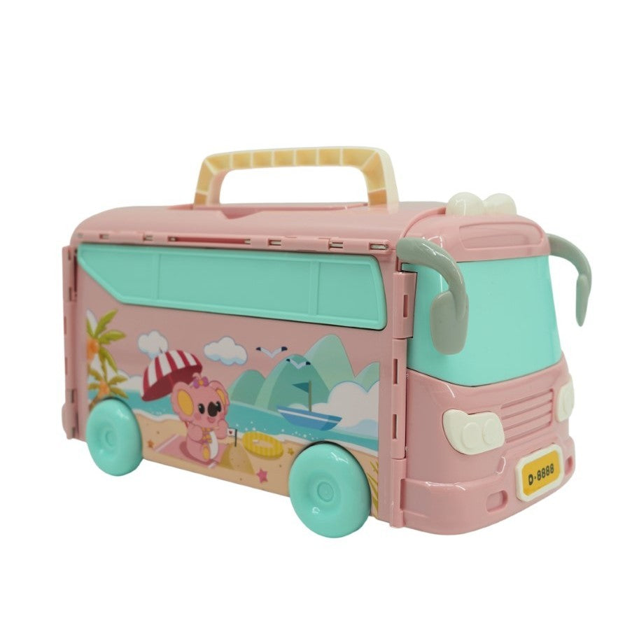 Set casa de papusi tip van, 2 in 1 autobuz si casa, 43 accesorii si mobilier, +3 ani, roz