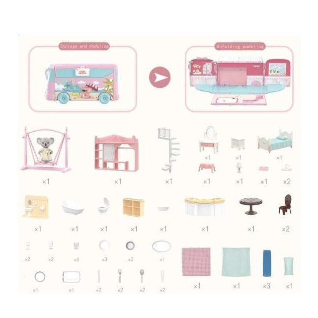 Set casa de papusi tip van, 2 in 1 autobuz si casa, 43 accesorii si mobilier, +3 ani, roz