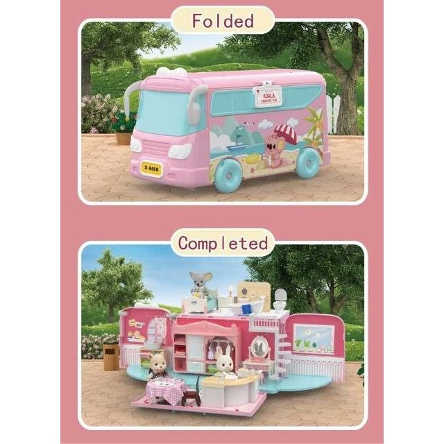 Set casa de papusi tip van, 2 in 1 autobuz si casa, 43 accesorii si mobilier, +3 ani, roz