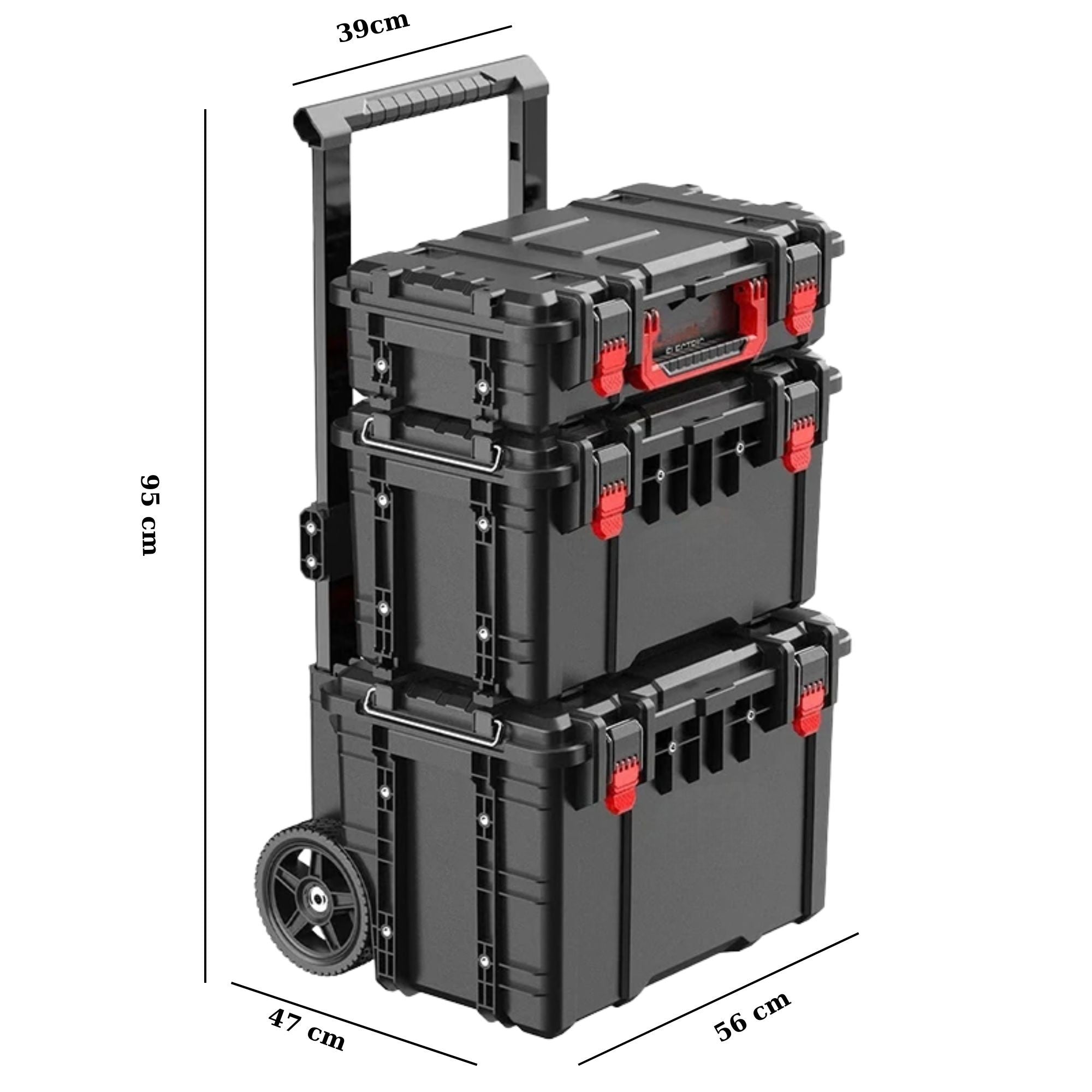 Set Cutii pentru Scule, Flippy, Organizator pe Roti tip Troller, 3 Piese, Modular, Maner Telescopic, Protectie IP65, 56 x 47.5 x 65 cm, Negru