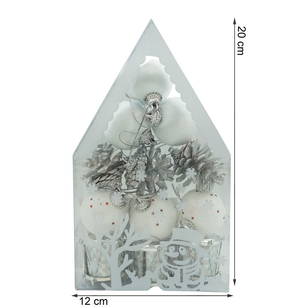 Set de 12 ornamente de brad, de tip Glob, Alb/ Argintiu, din polistiren, cu finisaj sclipitor , cutie 4 cm adancime x 20 cm inaltime x 12 cm lungime)