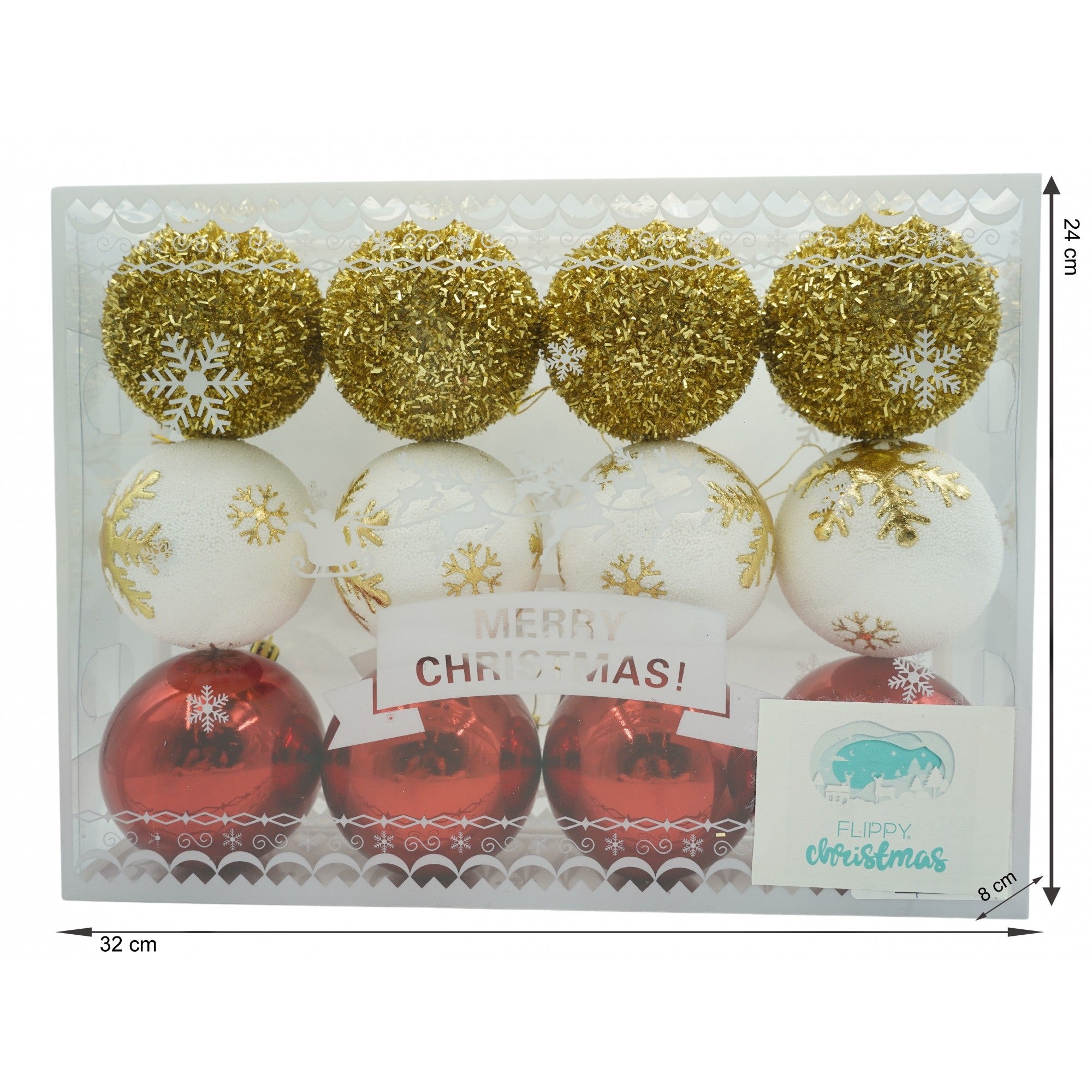 Set de 12 ornamente de brad, de tip Glob, Alb/ Rosu, din polistiren, cu finisaj sclipitor , cutie 8 cm adancime x 32 cm lungime x 24 cm inaltime
