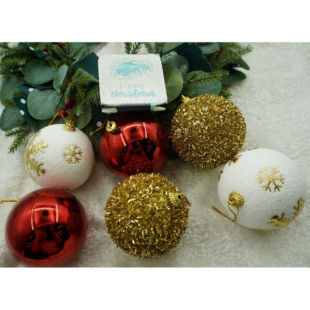 Set de 12 ornamente de brad, de tip Glob, Alb/ Rosu, din polistiren, cu finisaj sclipitor , cutie 8 cm adancime x 32 cm lungime x 24 cm inaltime