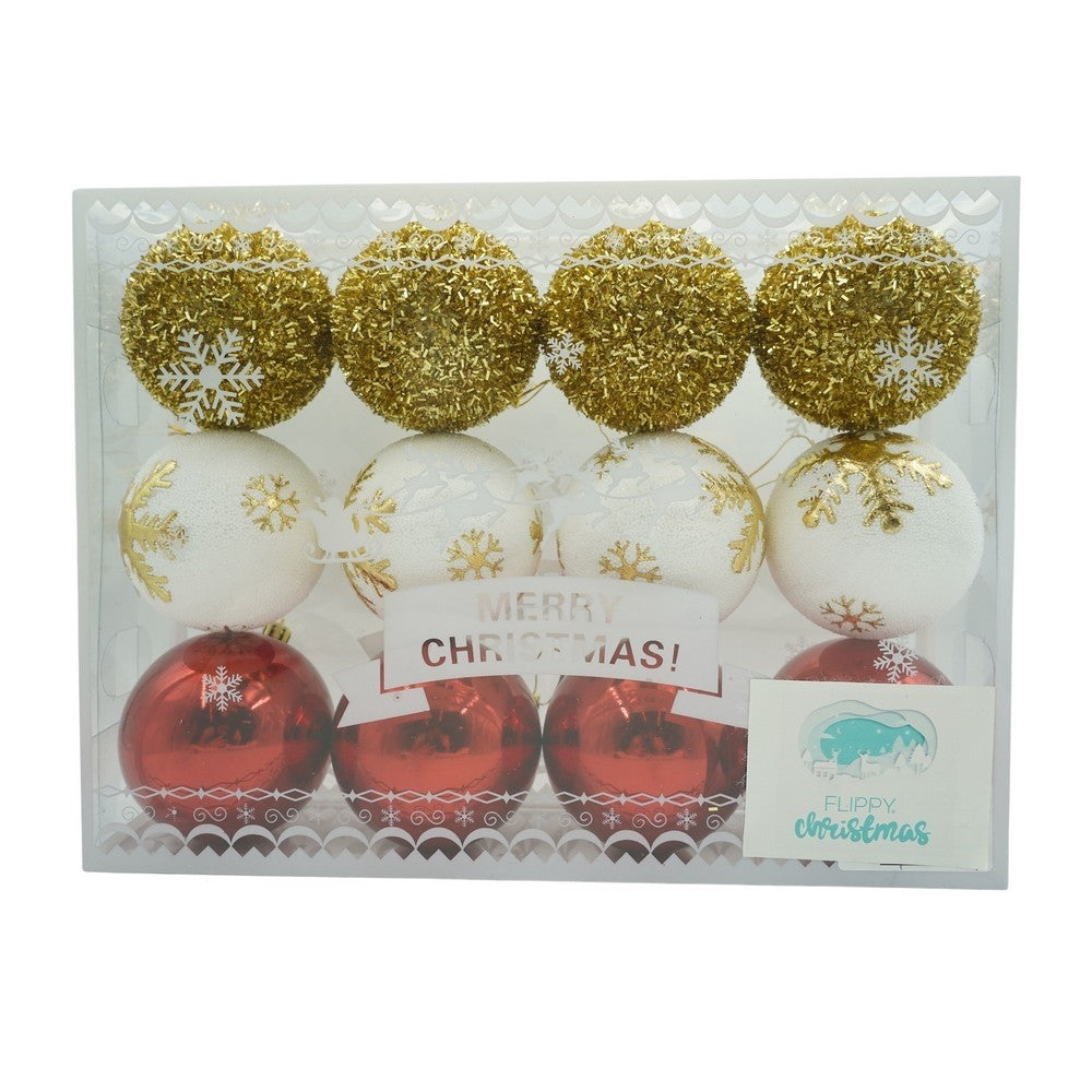 Set de 12 ornamente de brad, de tip Glob, Alb/ Rosu, din polistiren, cu finisaj sclipitor , cutie 8 cm adancime x 32 cm lungime x 24 cm inaltime