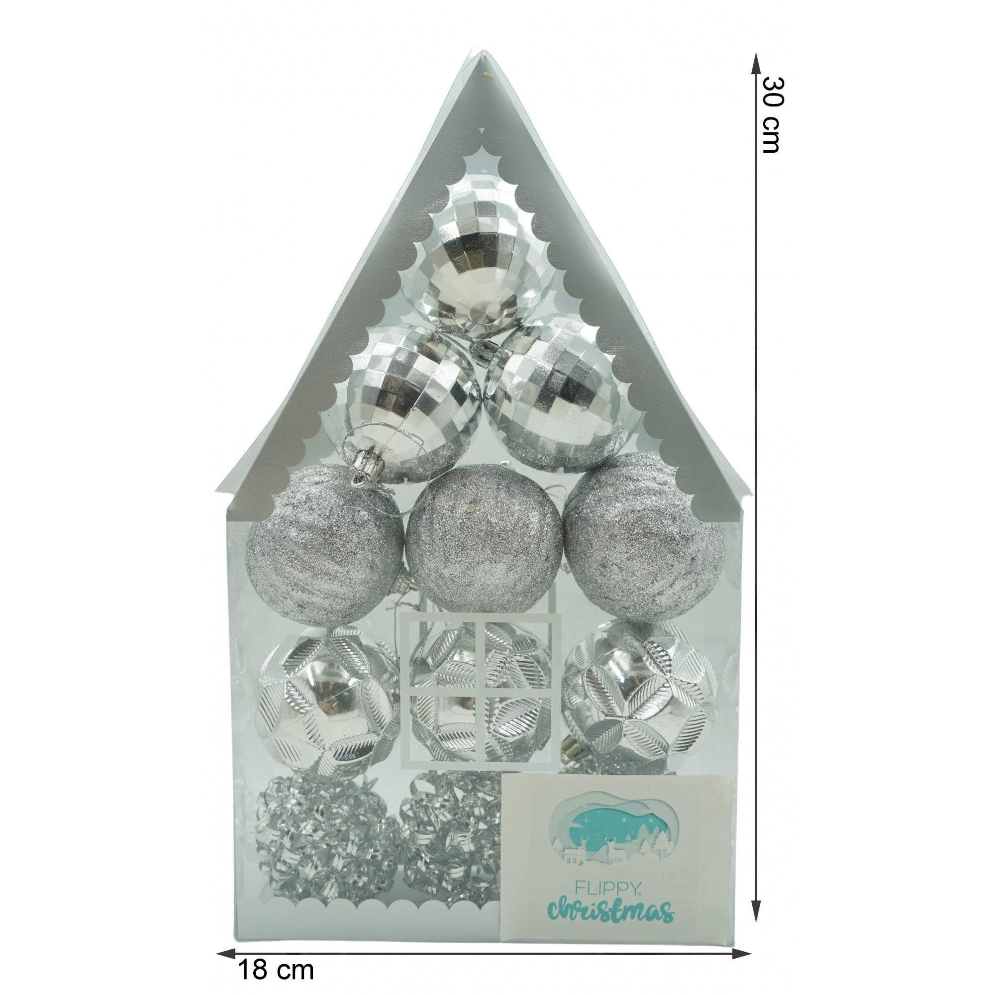 Set de 12 ornamente de brad, de tip Glob, Argintiu, din plastic, cu finisaj sclipitor , cutie 6 cm adancime x 30 cm inaltime x 18 cm lungime)