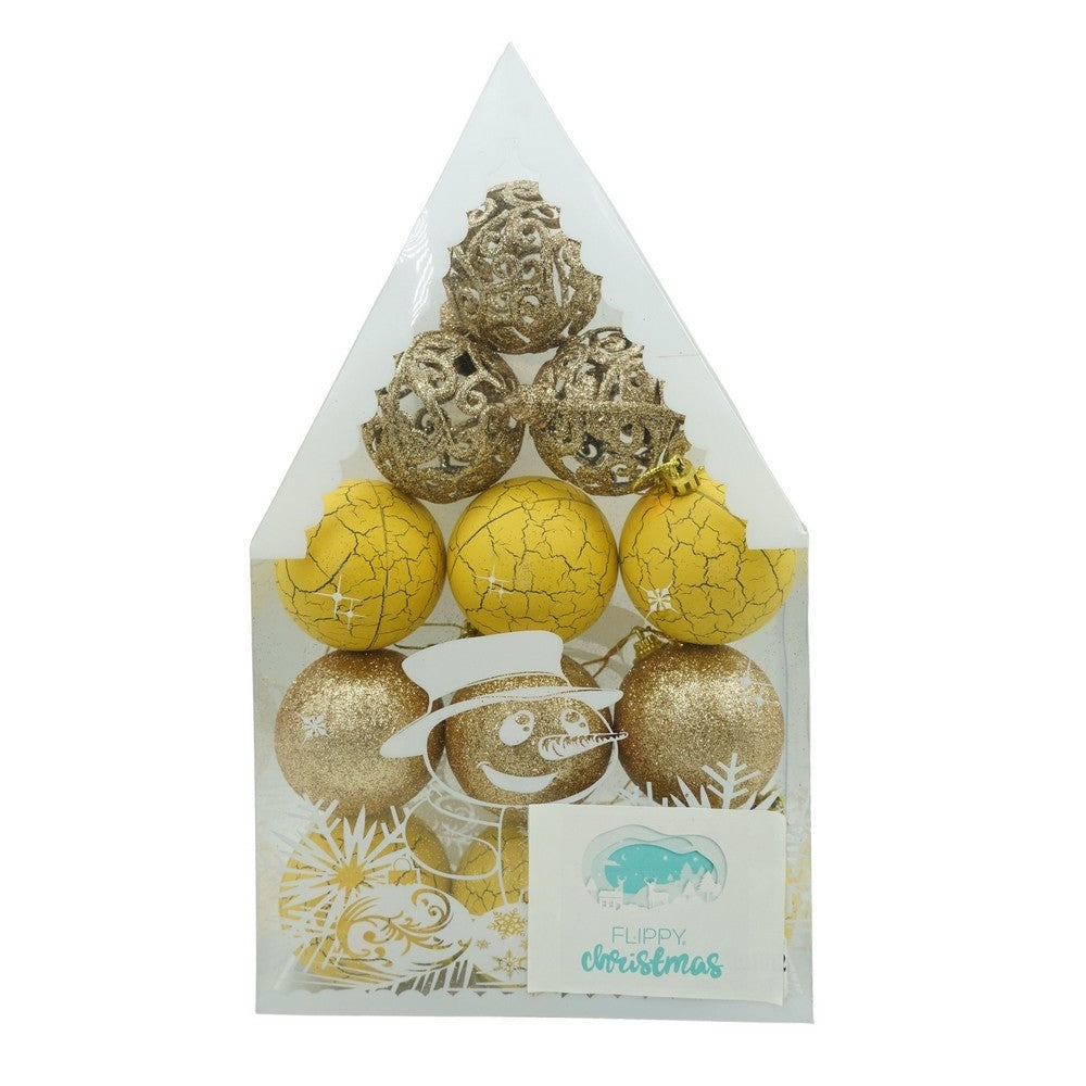 Set de 12 ornamente de brad, de tip Glob, Auriu/ Galben, din plastic, cu finisaj sclipitor , cutie 6 cm adancime x 30 cm inaltime x 18 cm lungime)