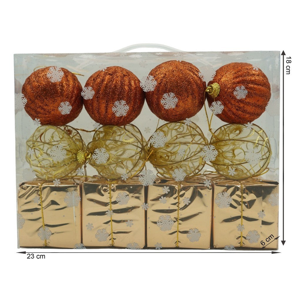 Set de 12 ornamente de brad, de tip Glob, Cupru/ Auriu, din polistiren, cu finisaj sclipitor , cutie 6 cm adancime x 23 cm lungime x 18 cm inaltime