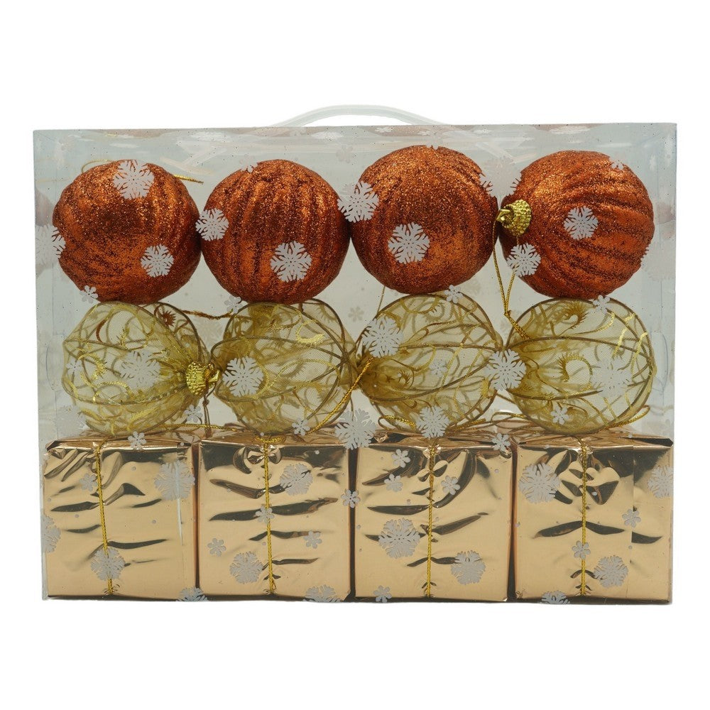 Set de 12 ornamente de brad, de tip Glob, Cupru/ Auriu, din polistiren, cu finisaj sclipitor , cutie 6 cm adancime x 23 cm lungime x 18 cm inaltime