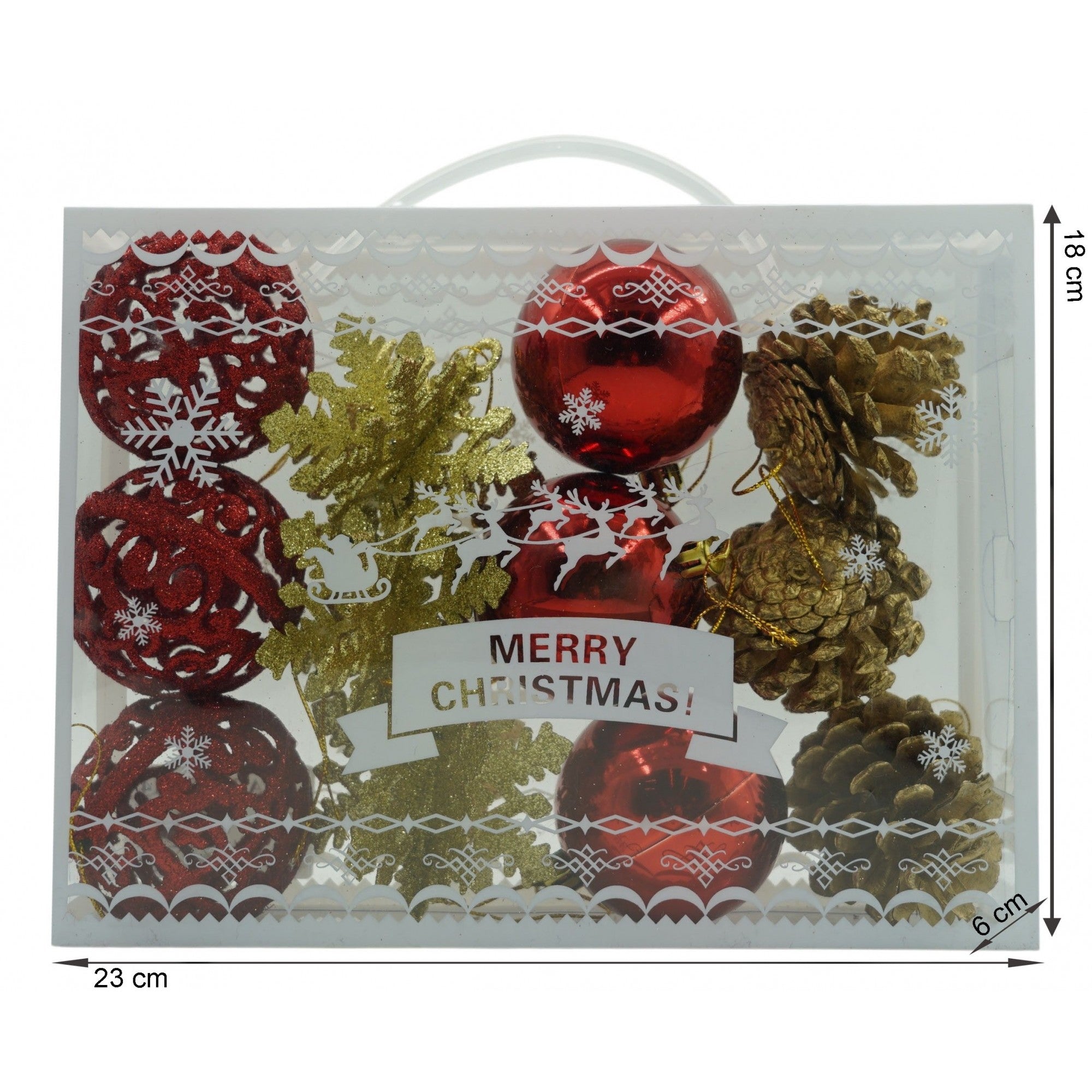 Set de 12 ornamente de brad, de tip Glob, Rosu/ Auriu, din plastic, cu finisaj sclipitor , cutie 6 cm adancime x 23 cm lungime x 18 cm inaltime