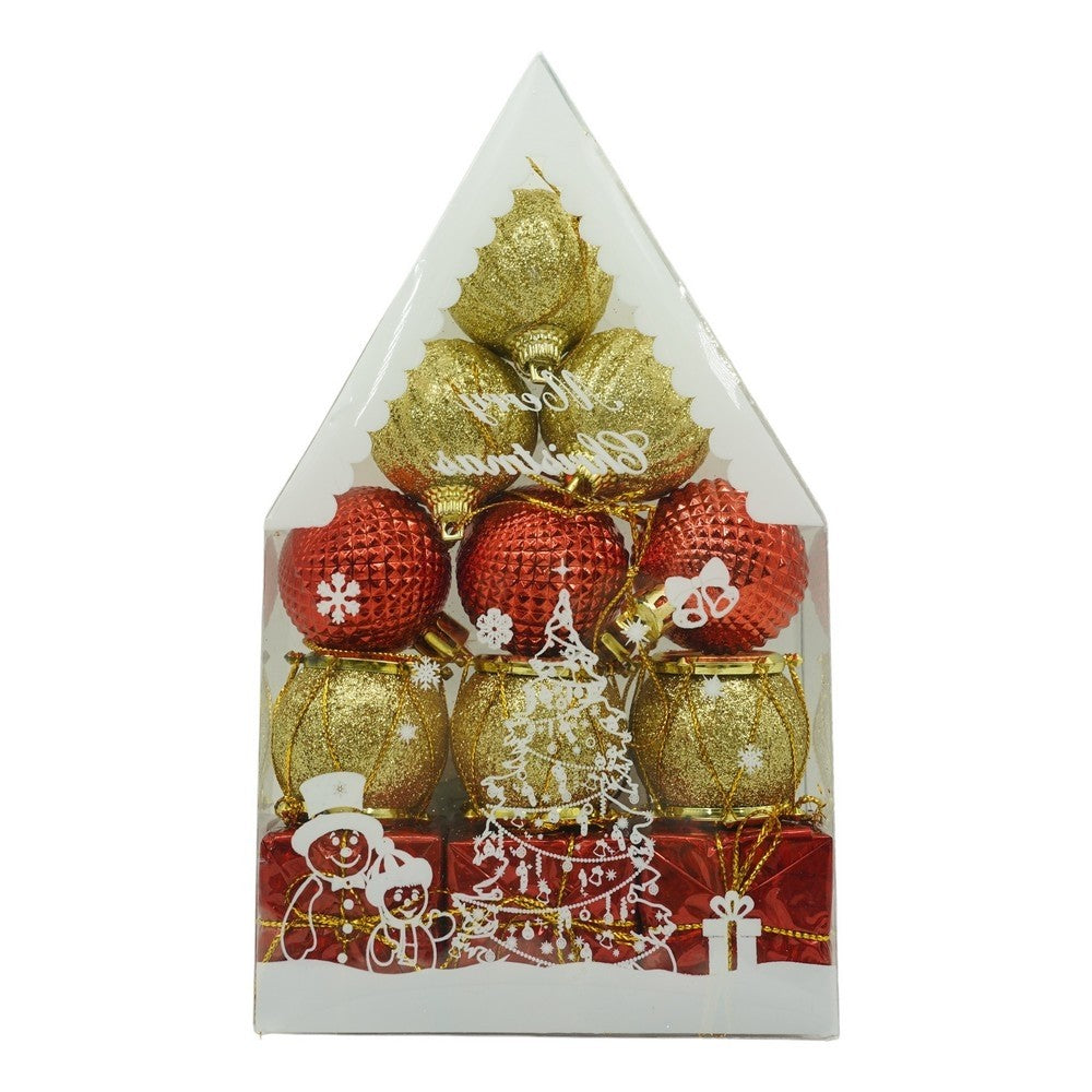 Set de 12 ornamente de brad, de tip Glob, Rosu/ Auriu, din polistiren, cu finisaj sclipitor , cutie 4 cm adancime x 20 cm inaltime x 12 cm lungime)