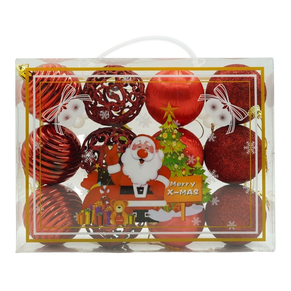 Set de 12 ornamente de brad, de tip Glob, Rosu, din polistiren, cu finisaj sclipitor , cutie 6 cm adancime x 23 cm lungime x 18 cm inaltime