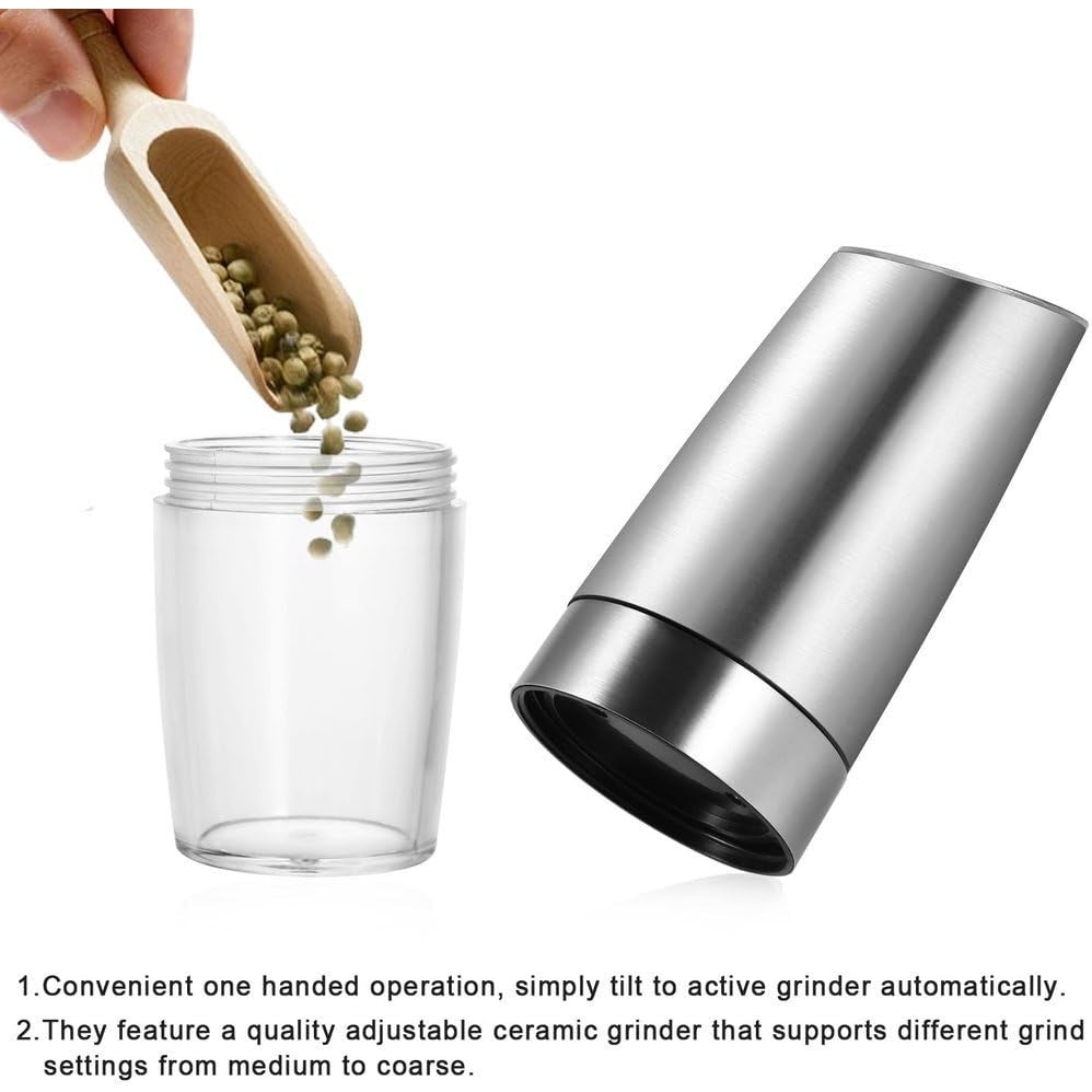 Set de 2 Rasnite electrice de Sare si Piper, cu Camere Depozitare Transparente, Macinare, Functionare pe Baterii, cu Lumina, ABS, 20x6.5 cm, Argintiu/Transparent