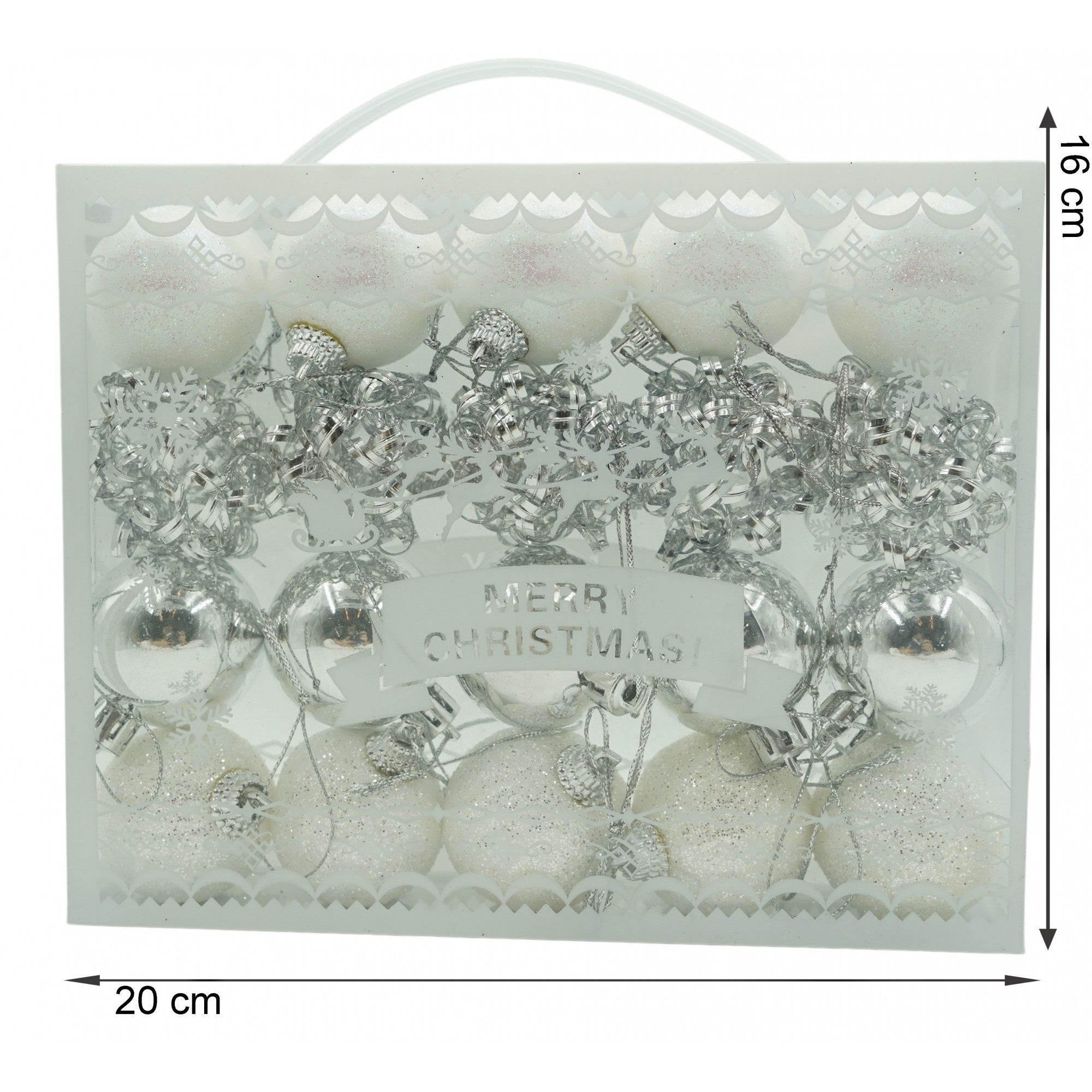Set de 20 ornamente de brad, de tip Glob, Alb/ Argintiu, din polistiren, cu finisaj sclipitor , cutie 4 cm adancime x 20 cm lungime x 16 cm inaltime