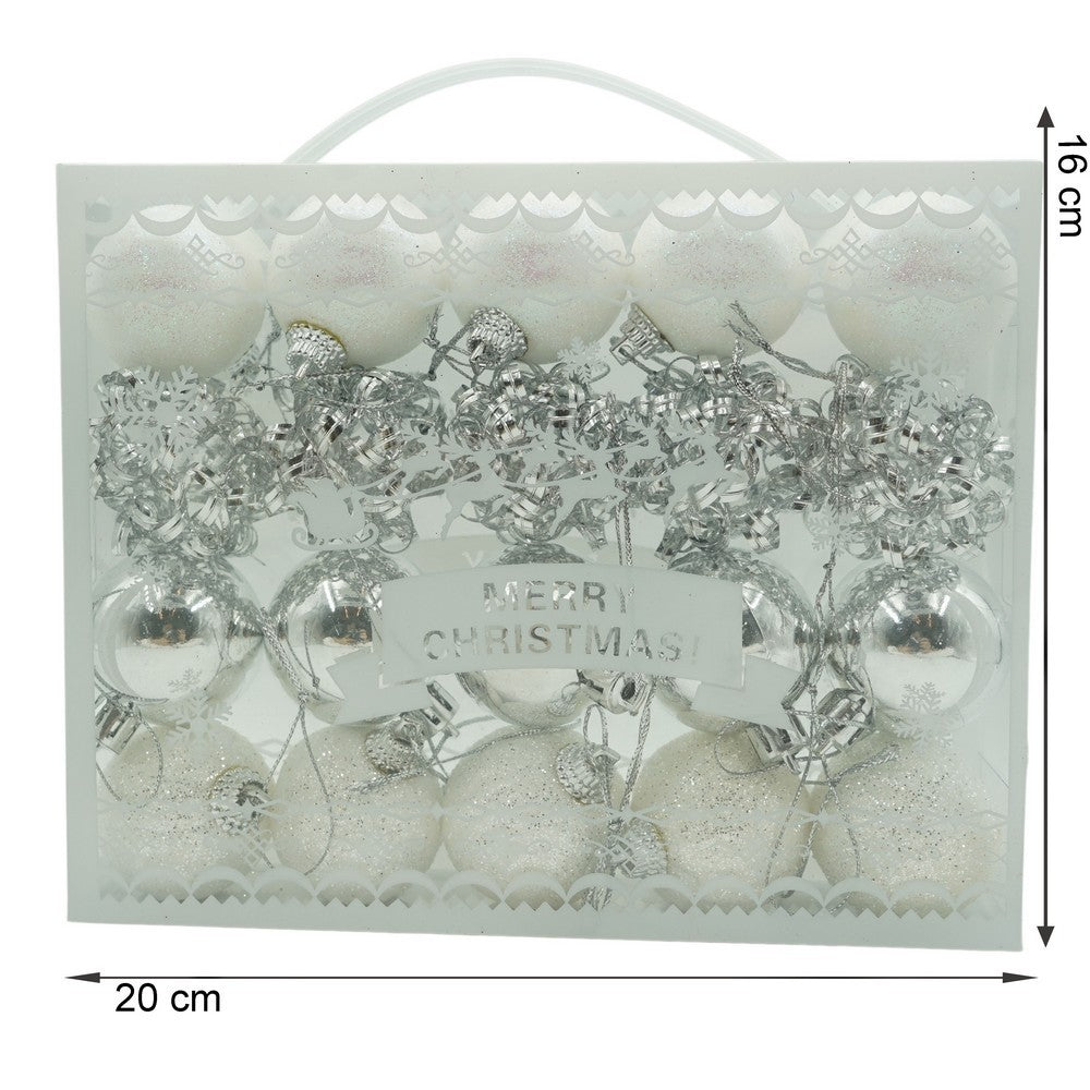 Set de 20 ornamente de brad, de tip Glob, Alb/ Argintiu, din polistiren, cu finisaj sclipitor , cutie 4 cm adancime x 20 cm lungime x 16 cm inaltime