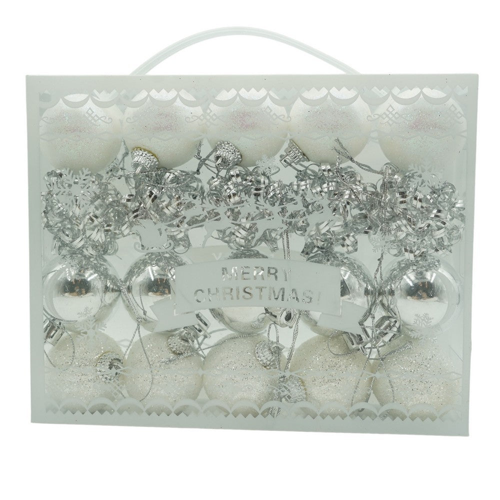 Set de 20 ornamente de brad, de tip Glob, Alb/ Argintiu, din polistiren, cu finisaj sclipitor , cutie 4 cm adancime x 20 cm lungime x 16 cm inaltime