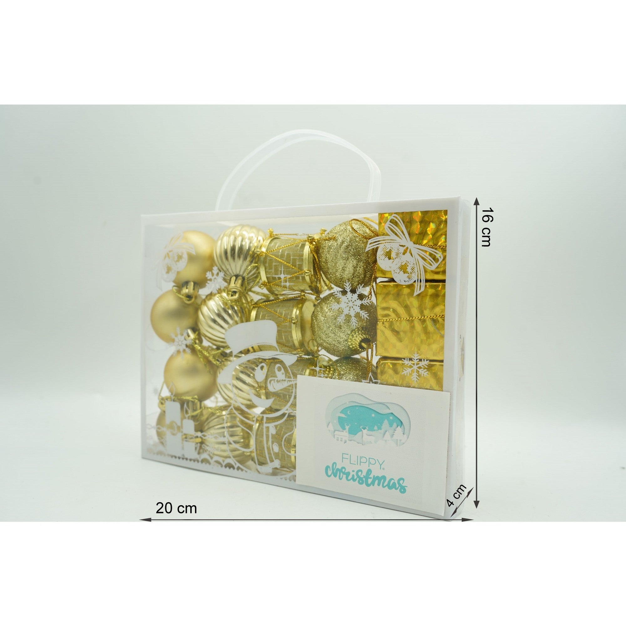 Set de 20 ornamente de brad, de tip Glob, Auriu, din polistiren, cu finisaj sclipitor , cutie 4 cm adancime x 20 cm lungime x 16 cm inaltime