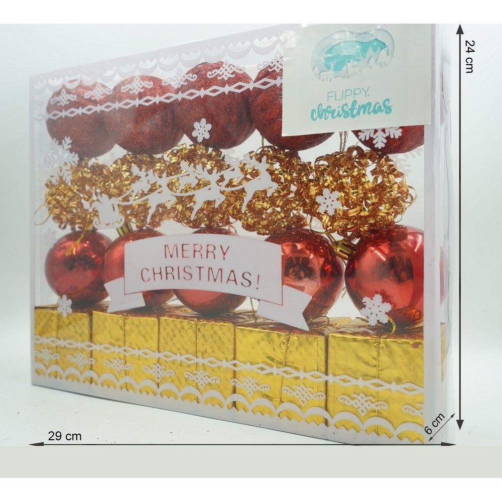 Set de 20 ornamente de brad, de tip Glob, Rosu/ Auriu, din polistiren, cu finisaj sclipitor , cutie 6 cm adancime x 29 cm lungime x 24 cm inaltime