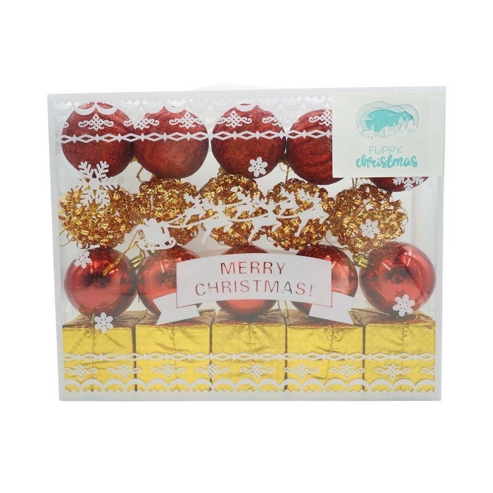 Set de 20 ornamente de brad, de tip Glob, Rosu/ Auriu, din polistiren, cu finisaj sclipitor , cutie 6 cm adancime x 29 cm lungime x 24 cm inaltime