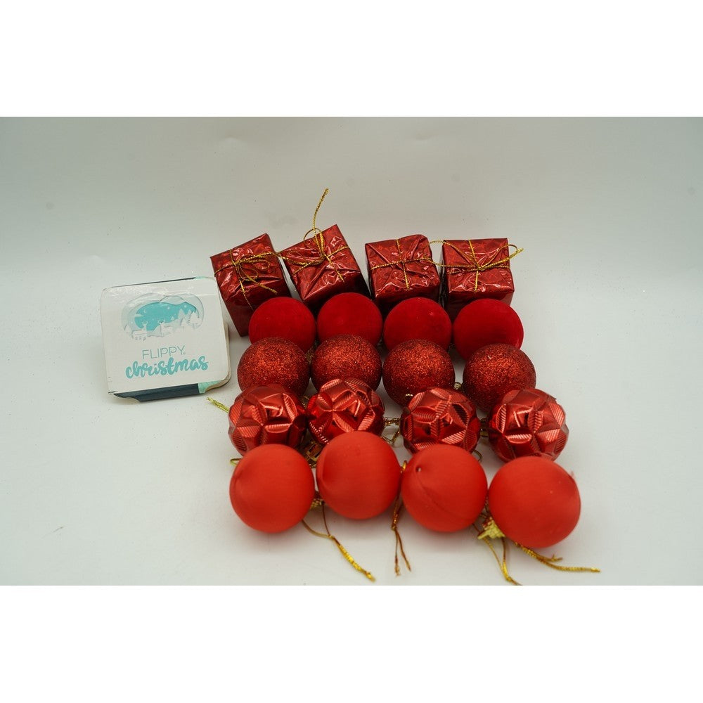 Set de 20 ornamente de brad, de tip Glob, Rosu, din polistiren, cu finisaj sclipitor , cutie 4 cm adancime x 20 cm lungime x 16 cm inaltime