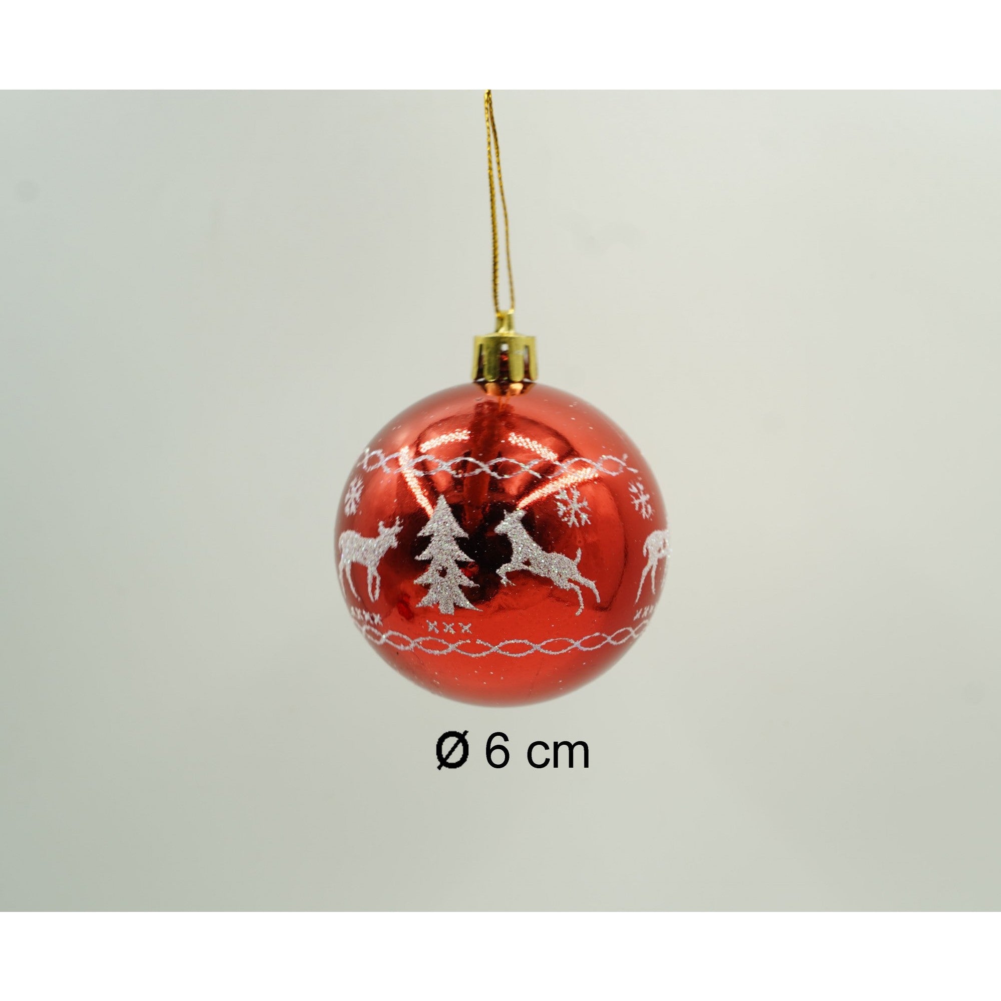 Set de 24 ornamente de brad, de tip Glob, Alb/ Rosu, cu ø de 6 cm, din plastic, cu finisaj sclipitor , cutie 14 cm lungime x 32 cm inaltime x 14 cm adancime