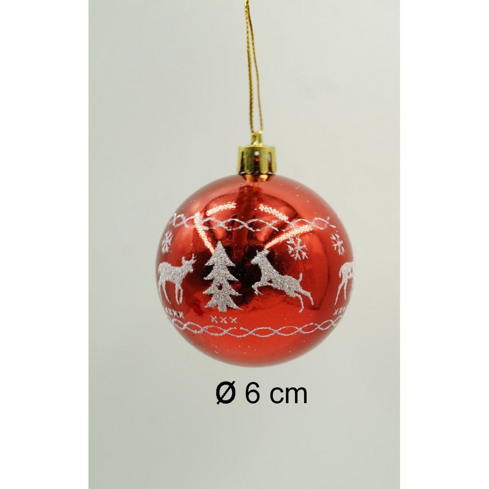 Set de 24 ornamente de brad, de tip Glob, Alb/ Rosu, cu ø de 6 cm, din plastic, cu finisaj sclipitor , cutie 14 cm lungime x 32 cm inaltime x 14 cm adancime