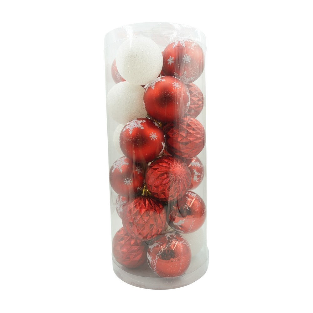 Set de 24 ornamente de brad, de tip Glob, Alb/ Rosu, cu ø de 6 cm, din plastic, cu finisaj sclipitor , cutie 14 cm lungime x 32 cm inaltime x 14 cm adancime