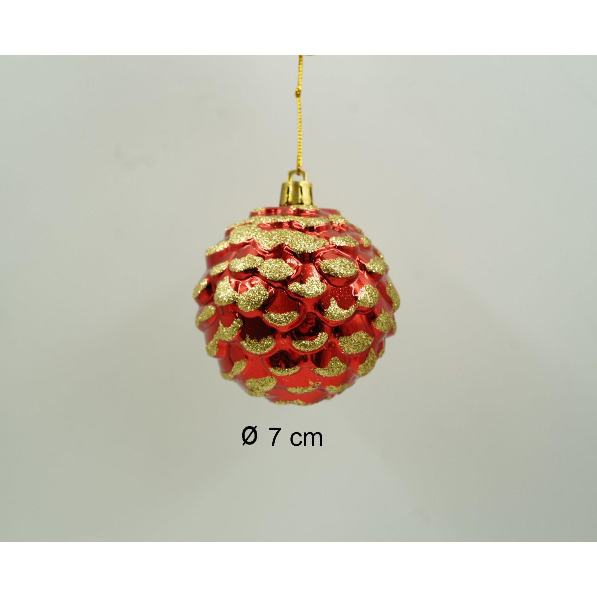 Set de 24 ornamente de brad, de tip Glob, Alb/ Rosu, cu ø de 7 cm, din plastic, cu finisaj sclipitor , cutie 16 cm lungime x 36 cm inaltime x 16 cm adancime