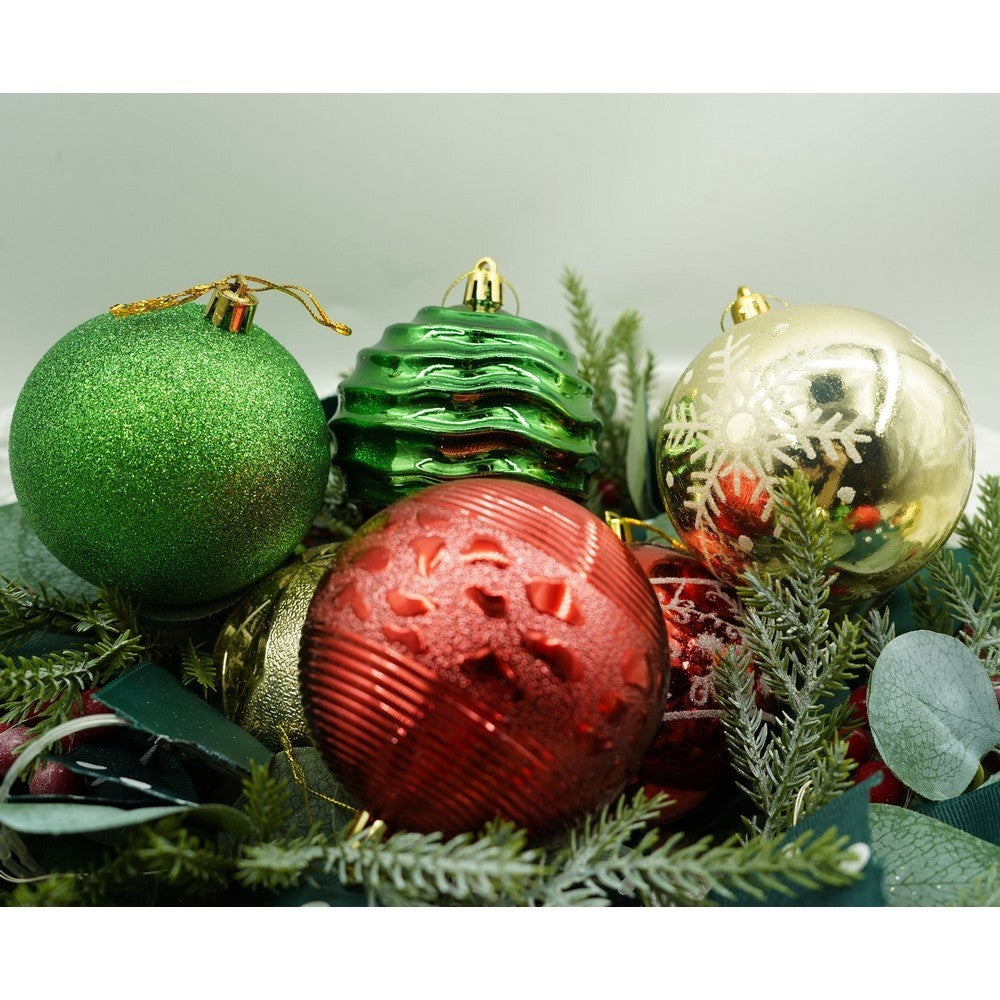 Set de 24 ornamente de brad, de tip Glob, Multicolor, cu ø de 8 cm, din plastic, cu finisaj sclipitor , cutie 19 cm lungime x 42 cm inaltime x 19 cm adancime