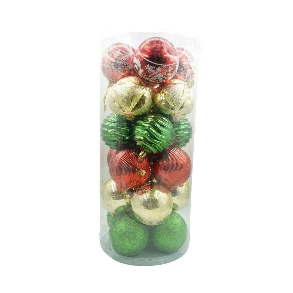 Set de 24 ornamente de brad, de tip Glob, Multicolor, cu ø de 8 cm, din plastic, cu finisaj sclipitor , cutie 19 cm lungime x 42 cm inaltime x 19 cm adancime