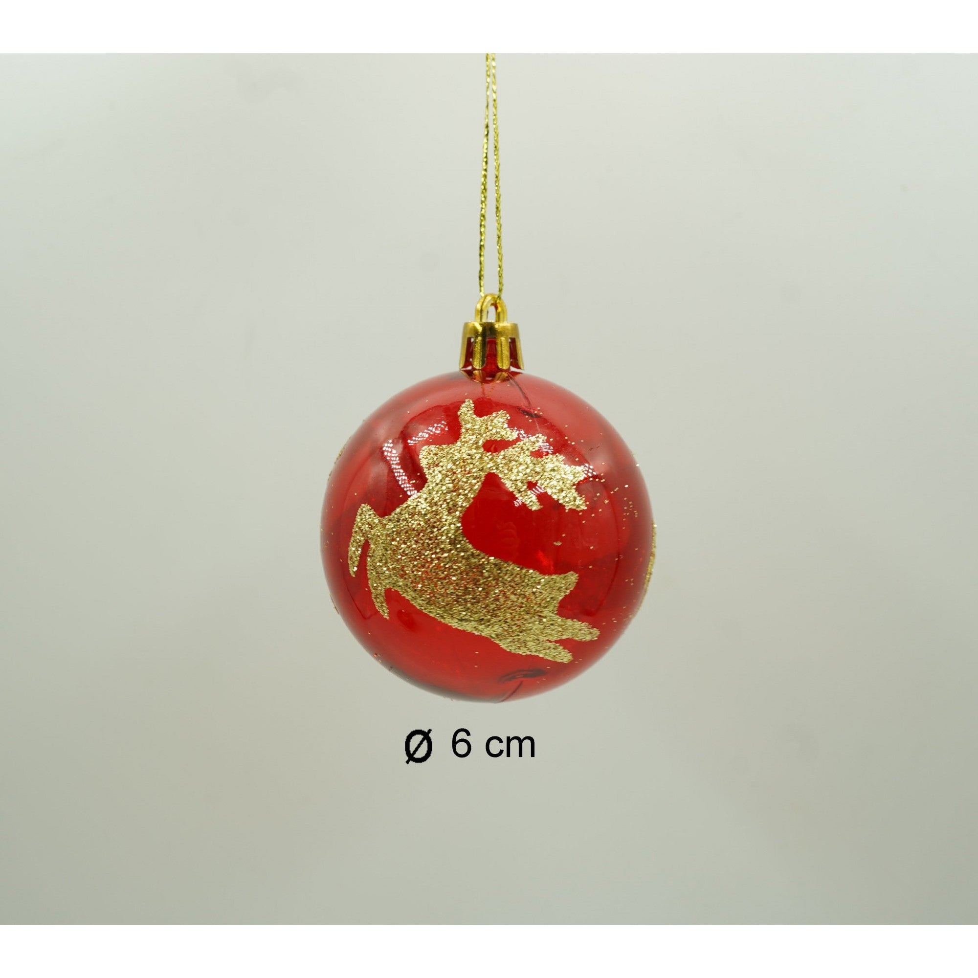 Set de 24 ornamente de brad, de tip Glob, Rosu/ Auriu, cu ø de 6 cm, din plastic, cu finisaj sclipitor , cutie 14 cm lungime x 32 cm inaltime x 14 cm adancime