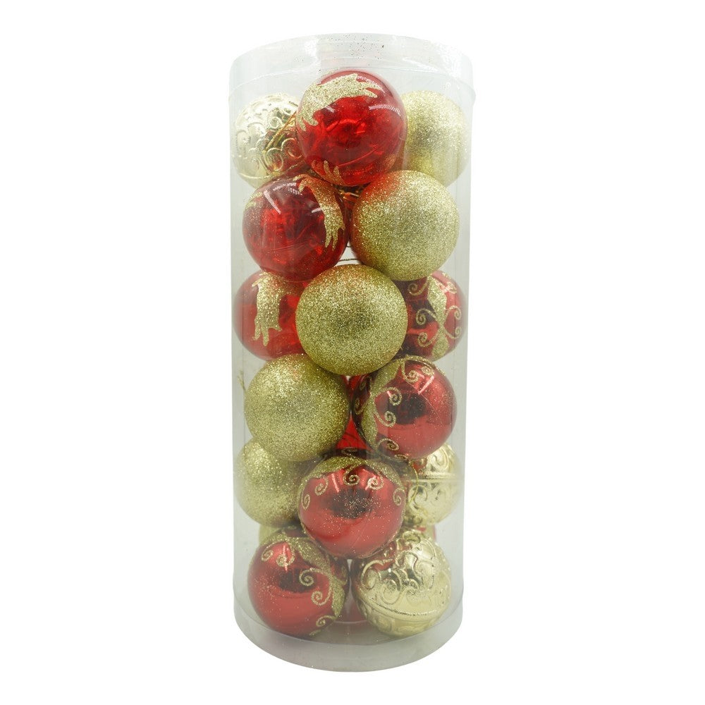 Set de 24 ornamente de brad, de tip Glob, Rosu/ Auriu, cu ø de 6 cm, din plastic, cu finisaj sclipitor , cutie 14 cm lungime x 32 cm inaltime x 14 cm adancime