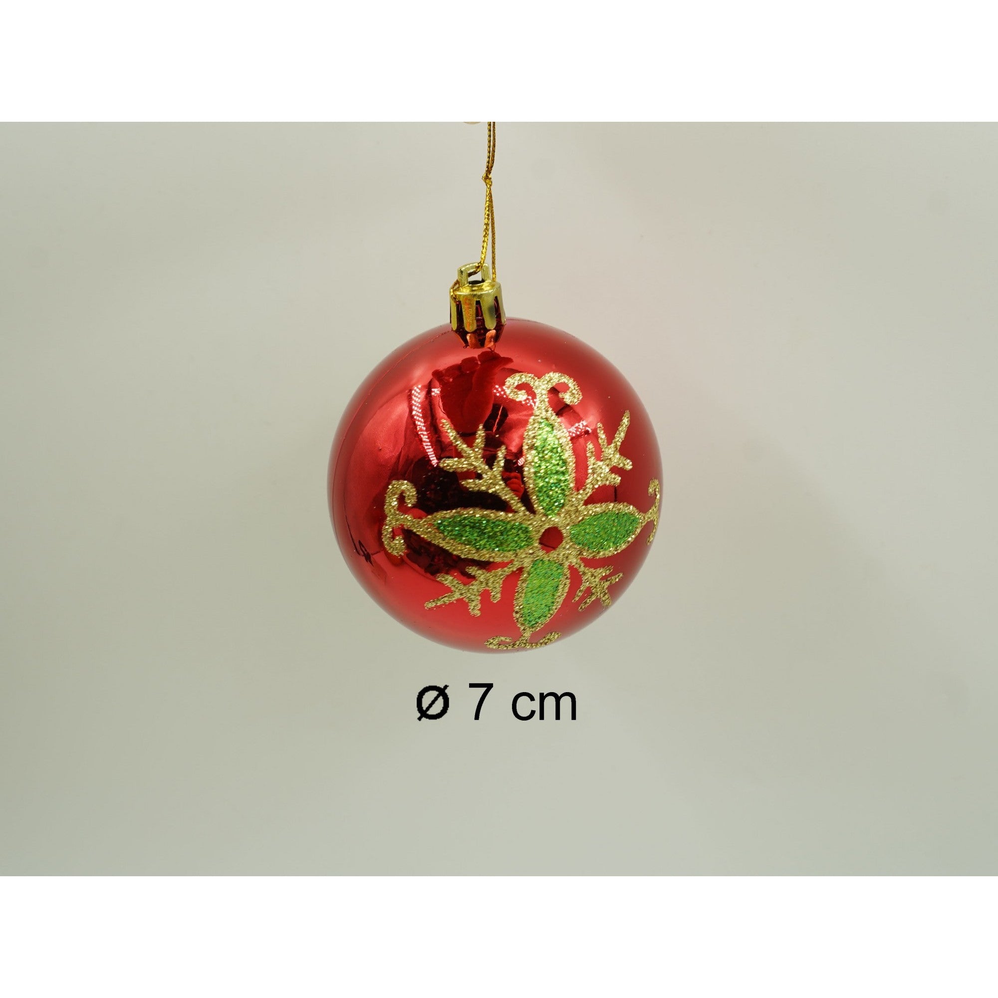 Set de 24 ornamente de brad, de tip Glob, Rosu/ Auriu, cu ø de 7 cm, din plastic, cu finisaj sclipitor , cutie 16 cm lungime x 36 cm inaltime x 16 cm adancime