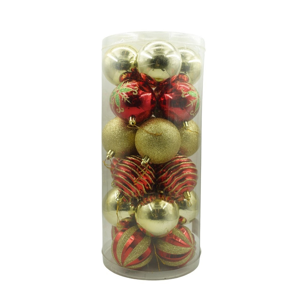 Set de 24 ornamente de brad, de tip Glob, Rosu/ Auriu, cu ø de 7 cm, din plastic, cu finisaj sclipitor , cutie 16 cm lungime x 36 cm inaltime x 16 cm adancime