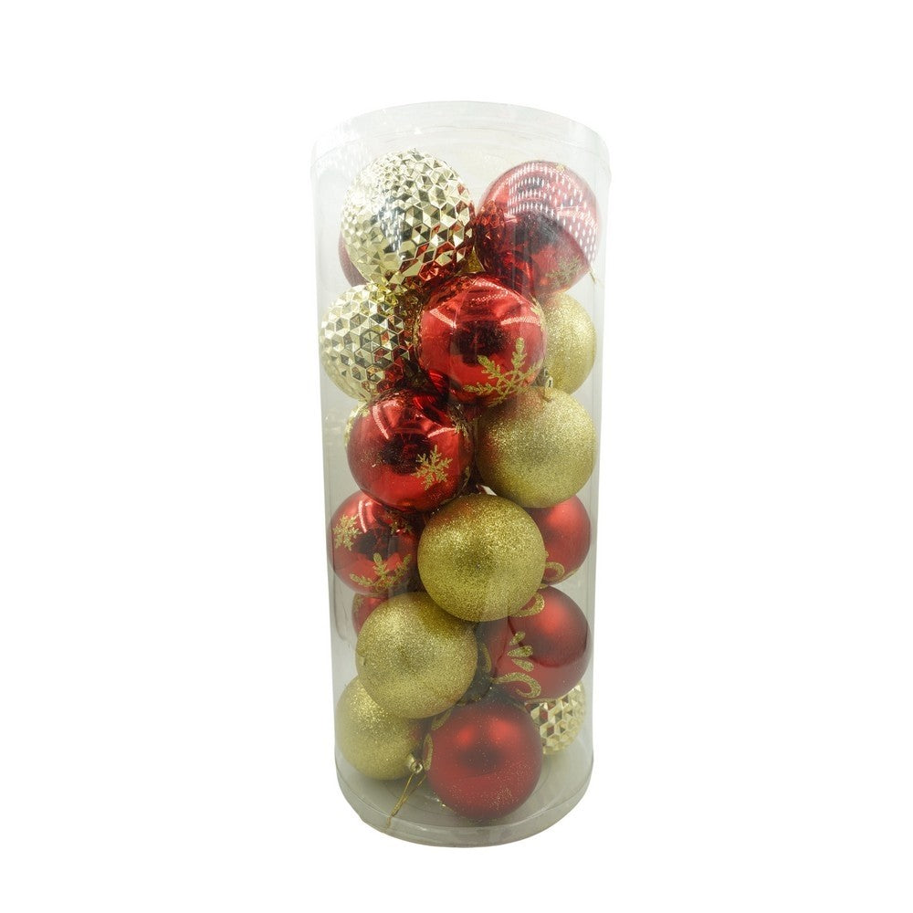 Set de 24 ornamente de brad, de tip Glob, Rosu/ Auriu, cu ø de 8 cm, din plastic, cu finisaj sclipitor , cutie 19 cm lungime x 42 cm inaltime x 19 cm adancime