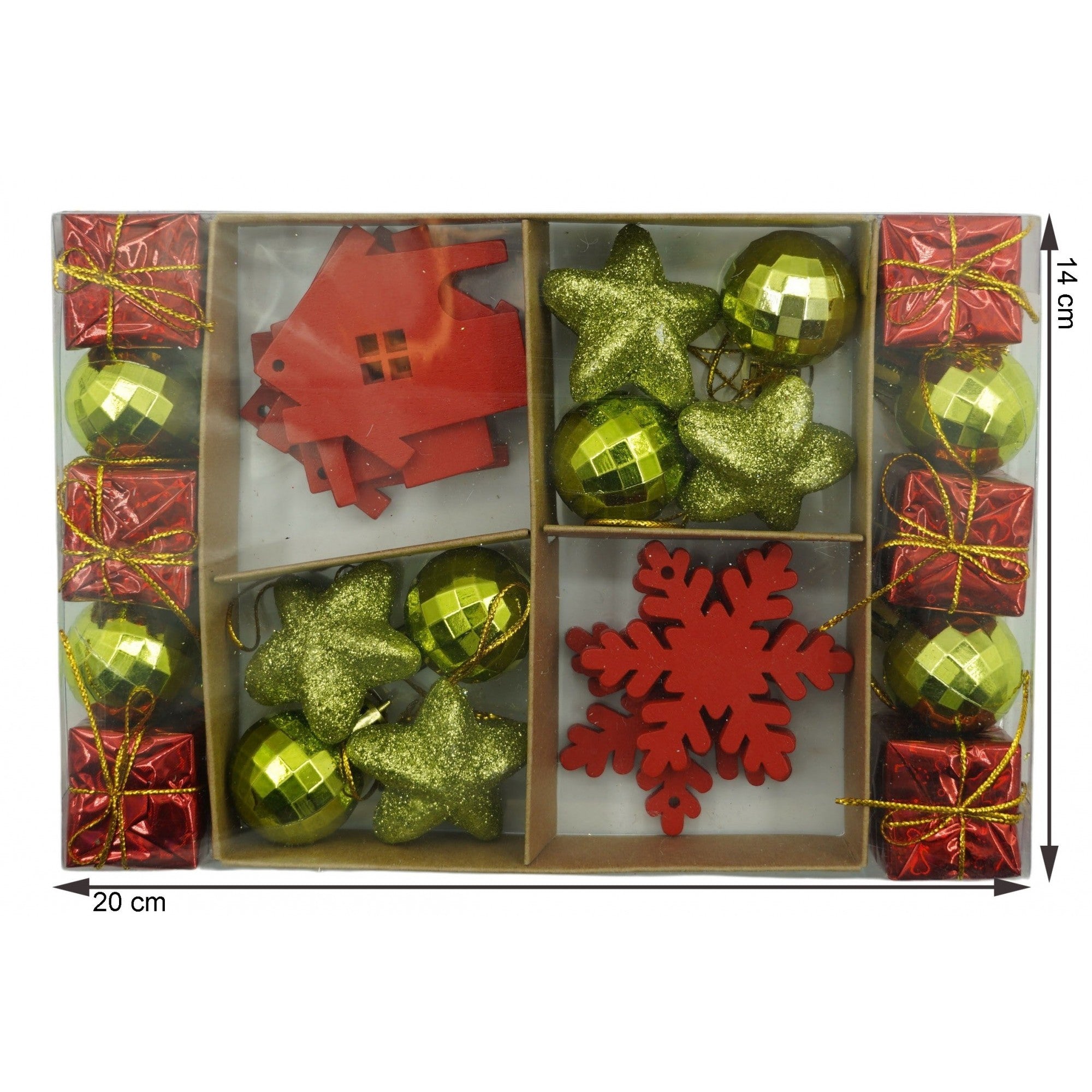 Set de 24 ornamente de brad, de tip Glob, Rosu/ Auriu, din polistiren, cu finisaj sclipitor , cutie 3 cm adancime x 20 cm lungime x 14 cm inaltime