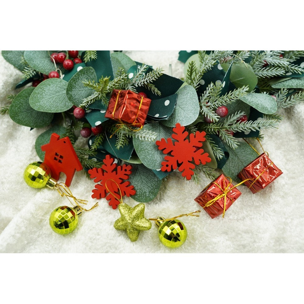 Set de 24 ornamente de brad, de tip Glob, Rosu/ Auriu, din polistiren, cu finisaj sclipitor , cutie 3 cm adancime x 20 cm lungime x 14 cm inaltime