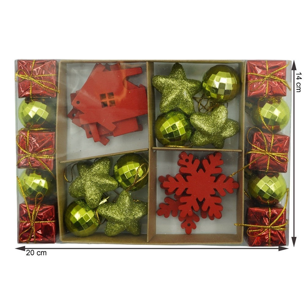 Set de 24 ornamente de brad, de tip Glob, Rosu/ Auriu, din polistiren, cu finisaj sclipitor , cutie 3 cm adancime x 20 cm lungime x 14 cm inaltime