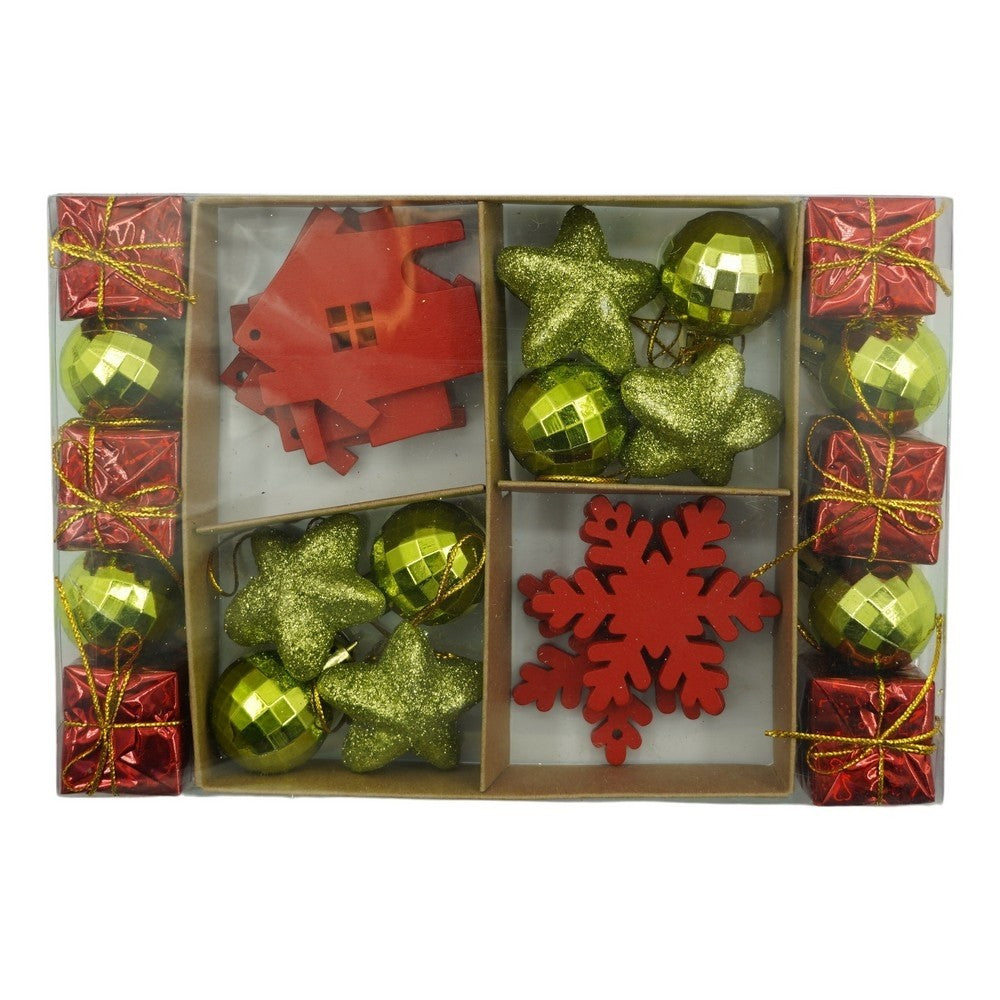Set de 24 ornamente de brad, de tip Glob, Rosu/ Auriu, din polistiren, cu finisaj sclipitor , cutie 3 cm adancime x 20 cm lungime x 14 cm inaltime