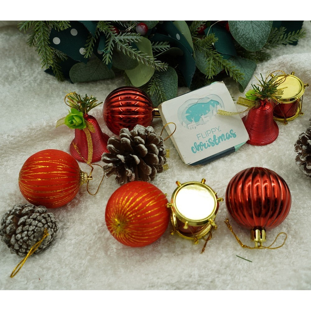 Set de 24 ornamente de brad, de tip Glob, Rosu/ Maro, din polistiren, cu finisaj sclipitor , cutie 5 cm adancime x 29 cm lungime x 19 cm inaltime