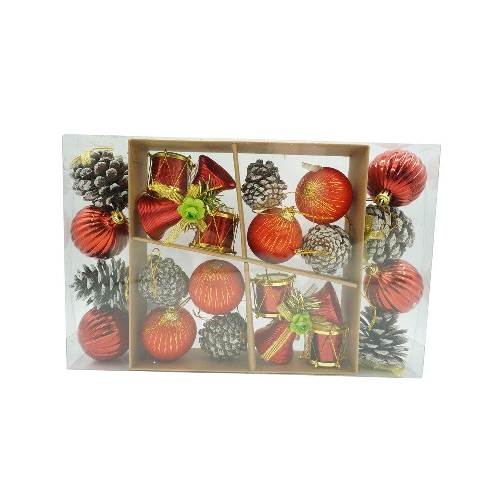Set de 24 ornamente de brad, de tip Glob, Rosu/ Maro, din polistiren, cu finisaj sclipitor , cutie 5 cm adancime x 29 cm lungime x 19 cm inaltime