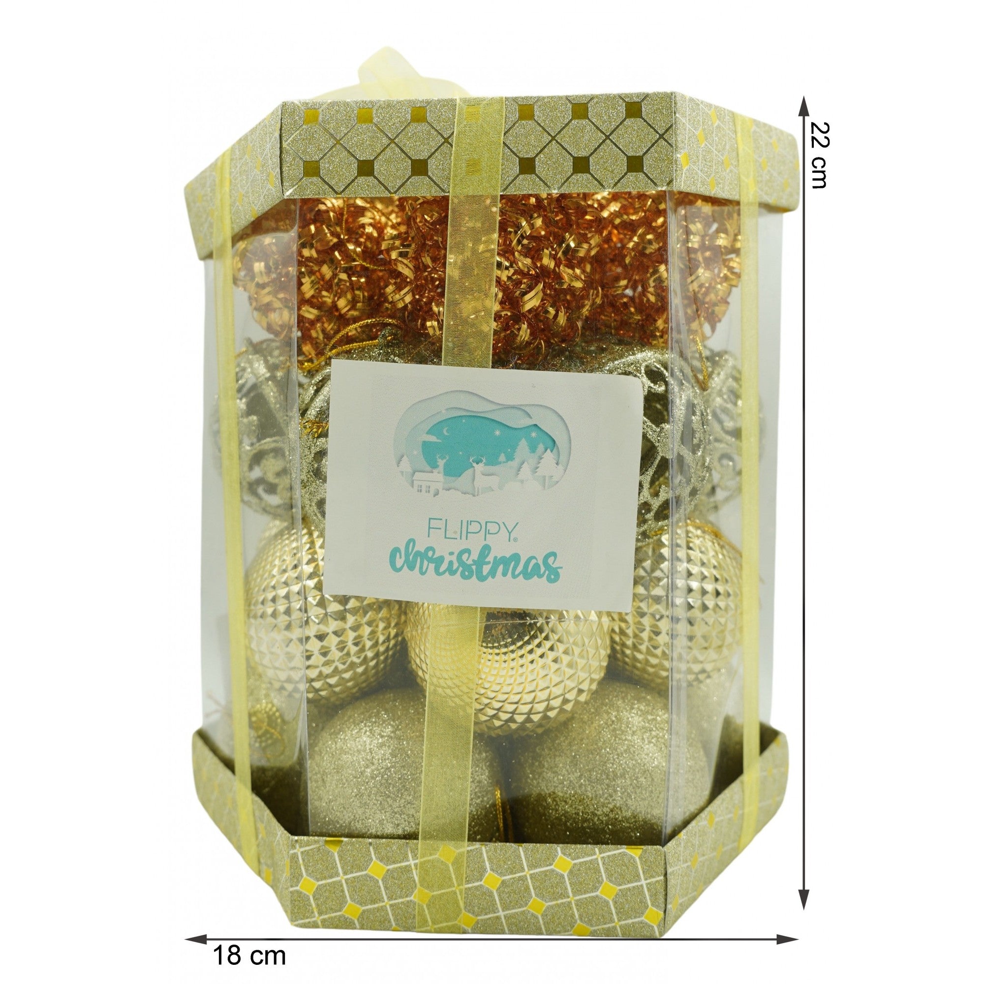 Set de 28 ornamente de brad, de tip Glob, Cupru/ Auriu, din polistiren, cu finisaj sclipitor , cutie 18 cm adancime x 22 cm inaltime x 18 cm lungime)