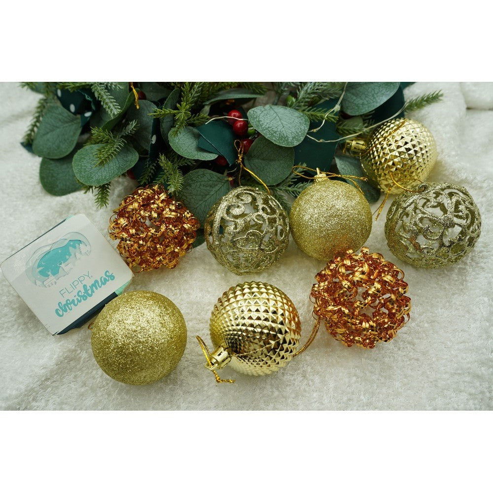 Set de 28 ornamente de brad, de tip Glob, Cupru/ Auriu, din polistiren, cu finisaj sclipitor , cutie 18 cm adancime x 22 cm inaltime x 18 cm lungime)