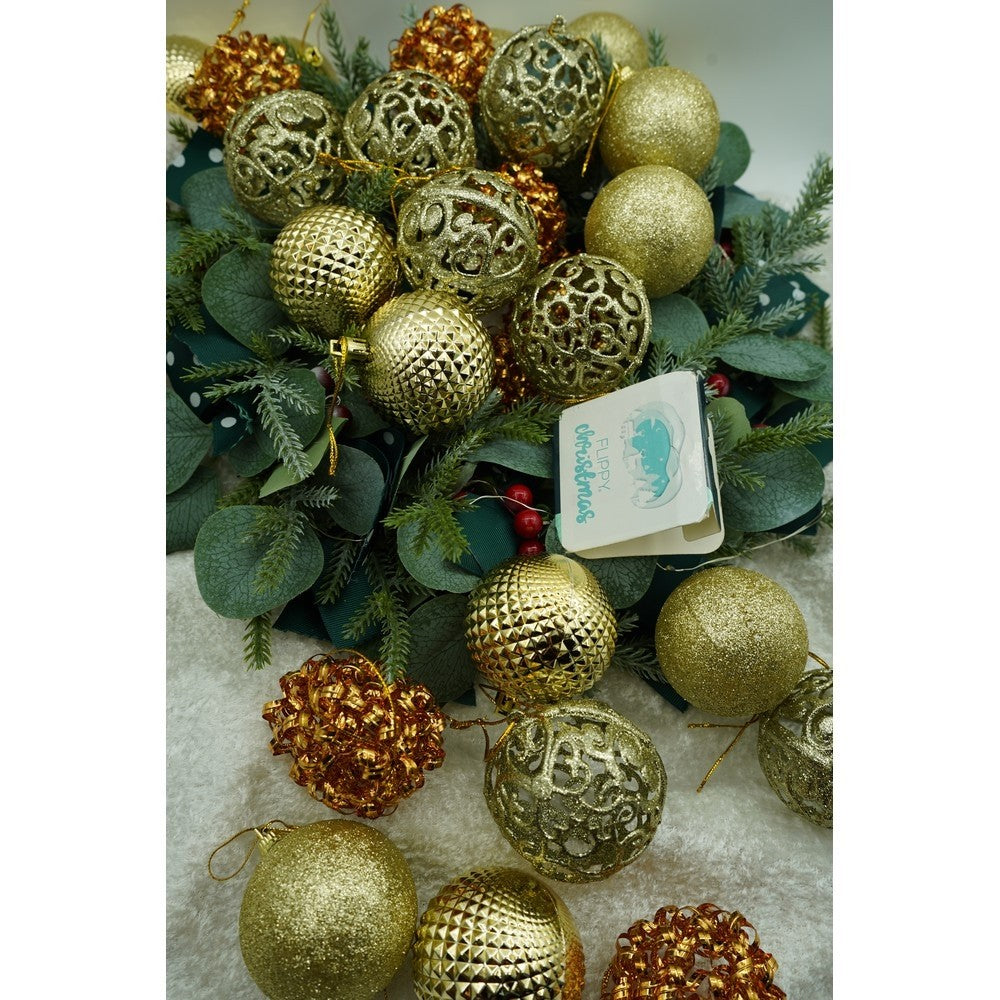 Set de 28 ornamente de brad, de tip Glob, Cupru/ Auriu, din polistiren, cu finisaj sclipitor , cutie 18 cm adancime x 22 cm inaltime x 18 cm lungime)